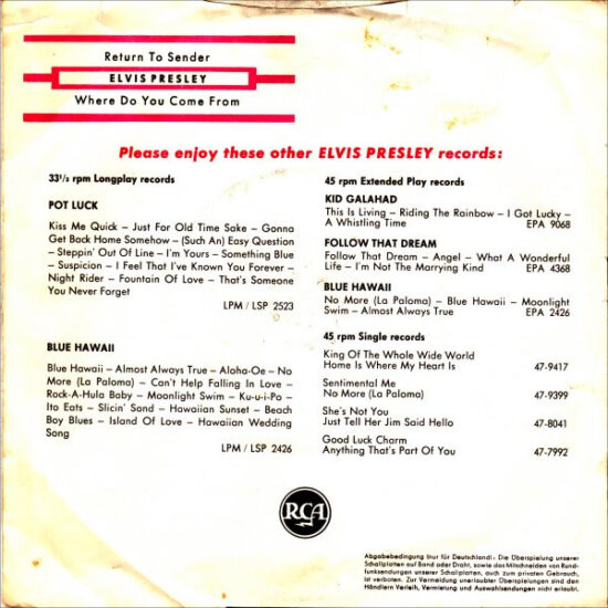 Elvis Presley - Return To Sender / Where Do You Come From